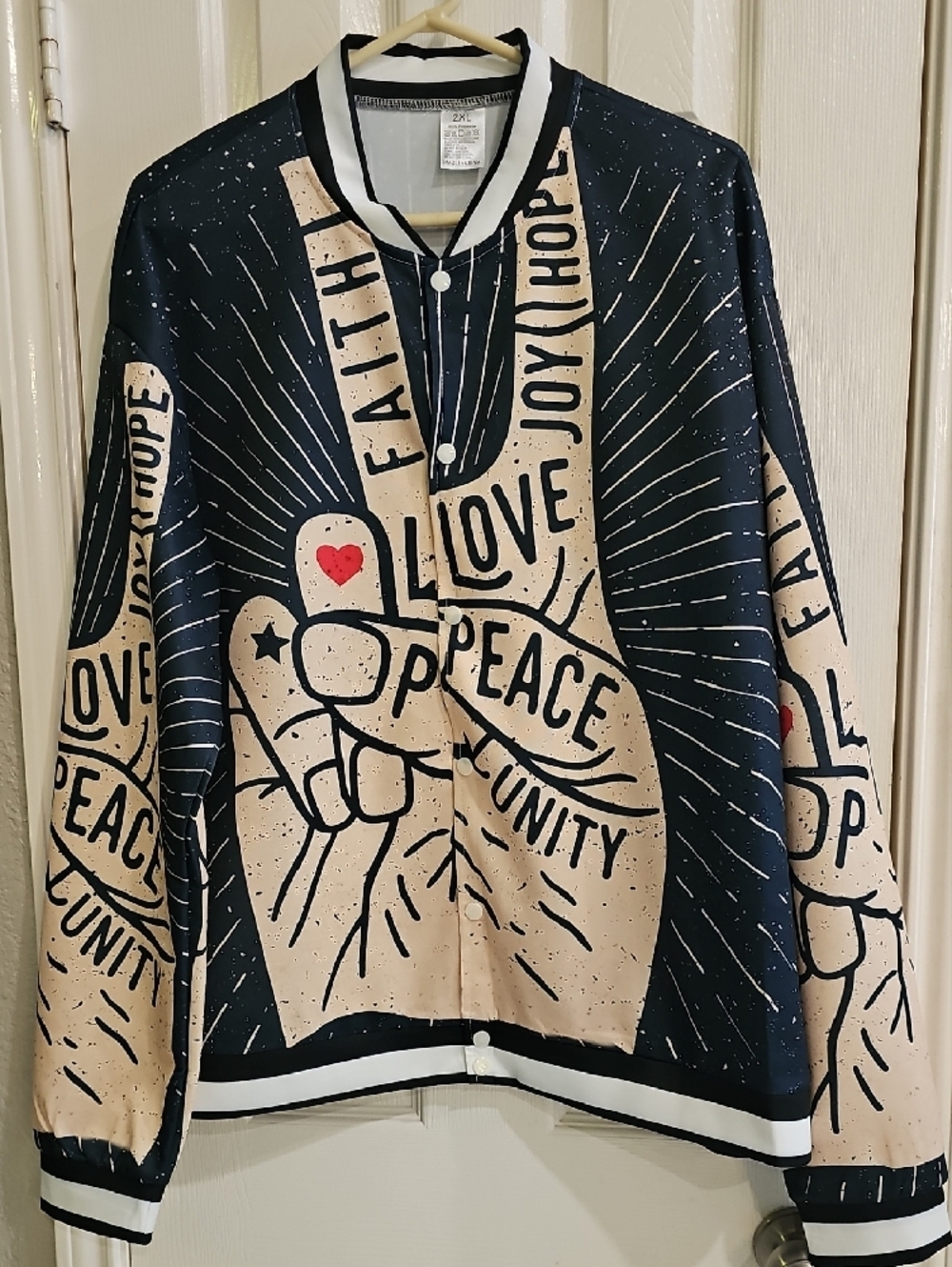 New 2XL Bomber Jacket Lightweight Positive Statement Love Hope Joy Unique - Picture 3 of 14